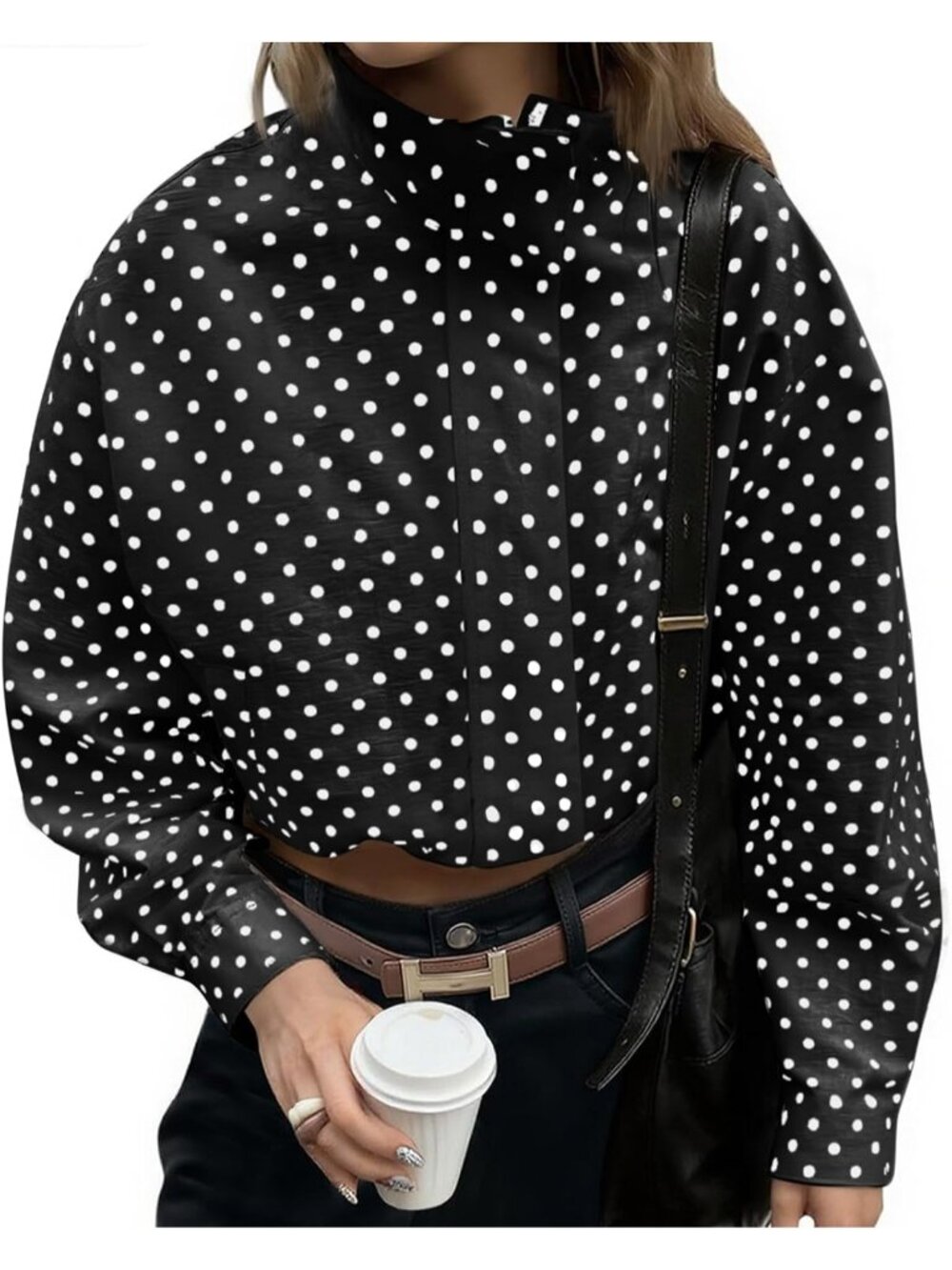 Women’s Black Polka Dot Lightweight Lapel Collar Coat ZIP Up Cropped Jacket